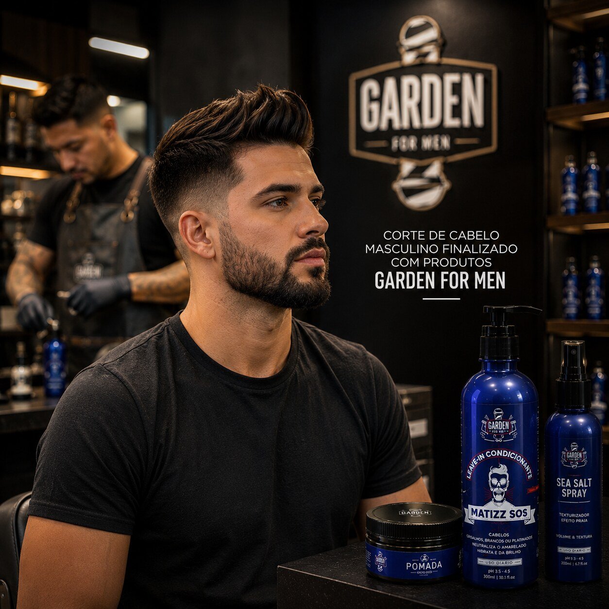 Corte de cabelo masculino finalizado com produtos Garden For Men